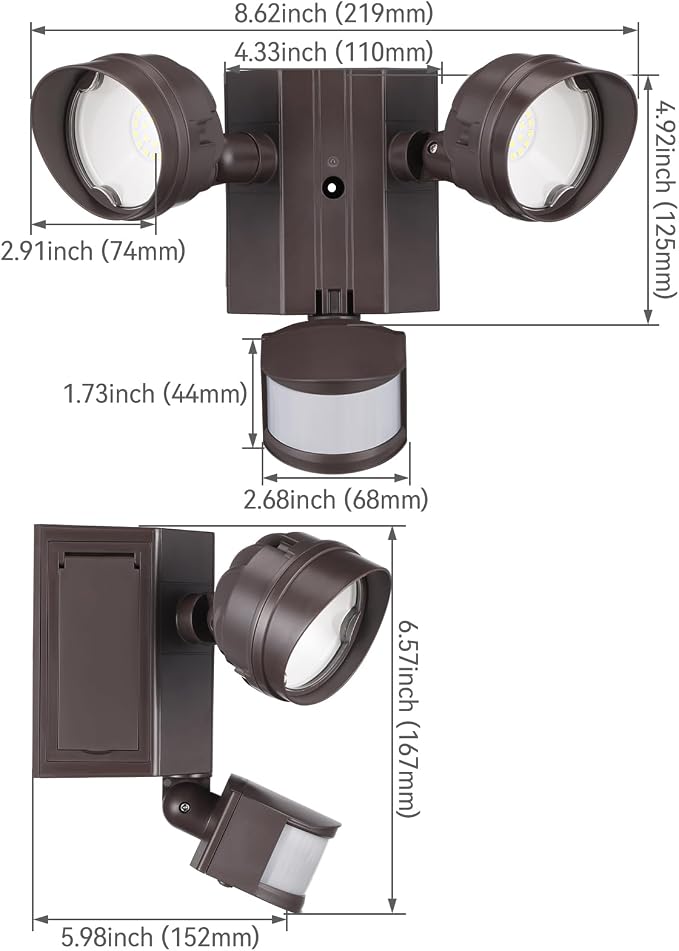 LEONLITE 30W LED Security Light with GFCI Outlets, 5000K Daylight, Brown | Adjustable Aluminum 2-Head, Motion Sensor & Dusk to Dawn Flood Lights Outdoor, Wet Location, ETL Listed, Daylight