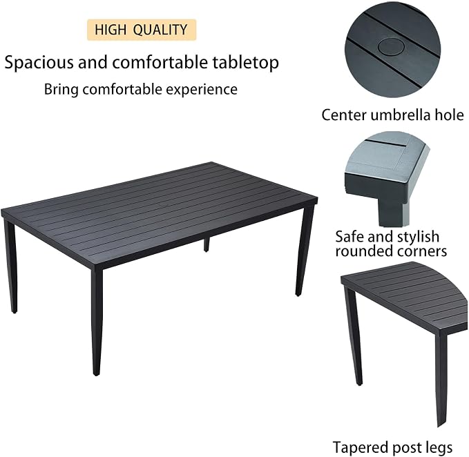 Outdoor Patio Aluminum 40"x70" Rectangle Dining Table with Tapered Feet & Umbrella Hole, Ember Black (1PCS 70“x40 Table)
