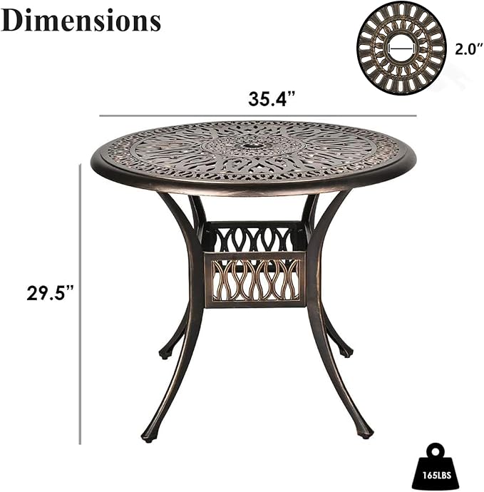 Grepatio 35.4" Round Cast Aluminum Patio Bistro Table, Outdoor Dining Table with 2” Umbrella Hole, Outdoor Side Table for Porch, Backyard, Garden, Balcony