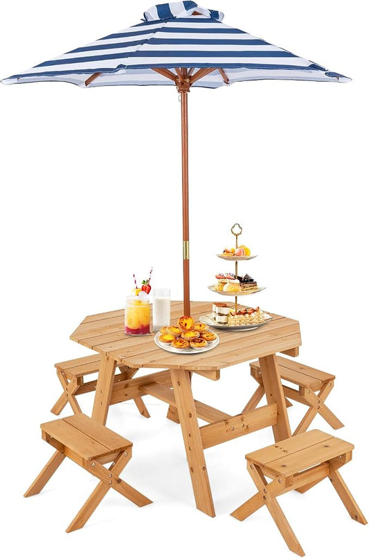 KOTEK Kids Picnic Table, Fir Wood Foldable Toddler Octagon Table and Chairs with Height Adjustable Umbrella, Indoor Children Art Play Table, Activity Kids Outdoor Table for Backyard & Patio (Natural)