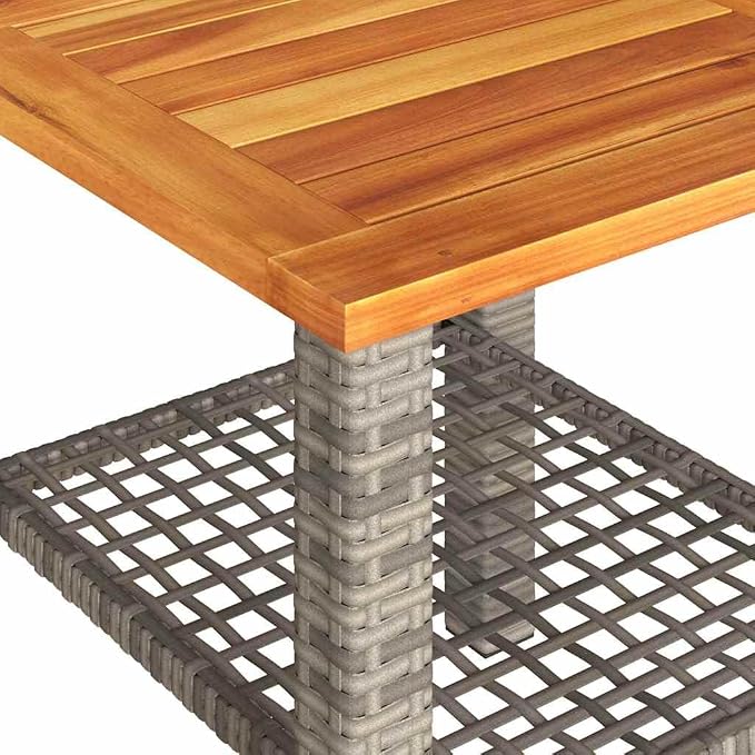 Small Garden Table with Acacia Wood Top, 15.7x15.7x16.5 Inch Patio Table Gray, PE Rattan Outdoor Side for Backyard