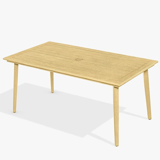 Never-Rust Outdoor Patio Dining Table for 6, Aluminum Outdoor Dining Table with Umbrella Hole, 6 Person Patio Dining Table Furniture for Decks, Garden, Porch, Lawn, Maple Wood