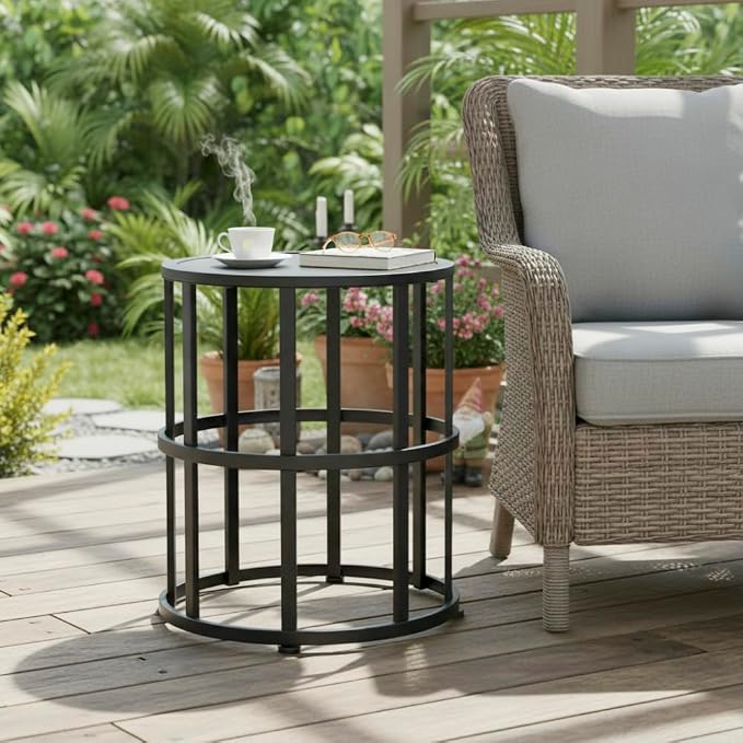 Patio Side Table with Ceramic Tile Top and Powder Coated Iron Frame - Lightweight, Weatherproof Outdoor Accent Furniture, Grey Finish