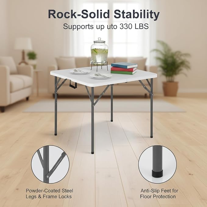 34" Folding Card Table, Heavy Duty Plastic Square Table - Portable & Handle & Lock ，for Camping, BBQ, Party