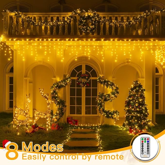 Ollny Icicle Lights for Outside 400LED 32FT, Warm White Christmas Light with Remote 8Modes Timers Waterproof, Plug in Connectable Hanging Lights for Outdoor Indoor House Roof Holiday