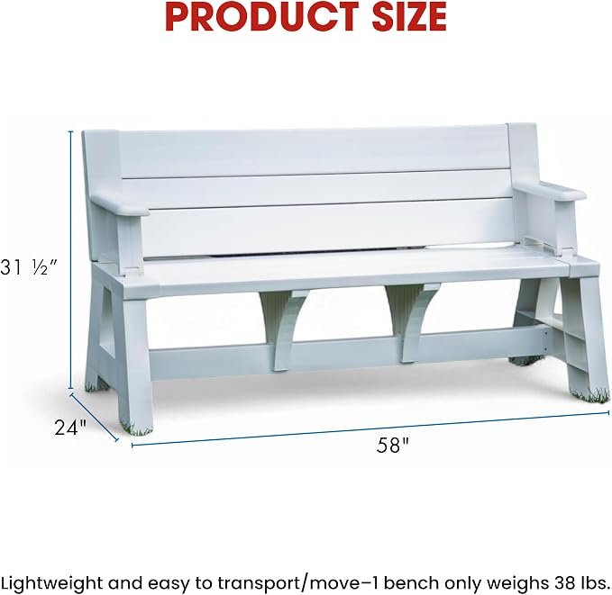 Convert-a-Bench Gen 1 2-in-1 Outdoor Convertible Bench to Picnic Table | Space-Saving, Weather-Resistant Patio Furniture for Yard, Deck, Garden | Easy Assembly & Durable Design -1 Bench/Order, White