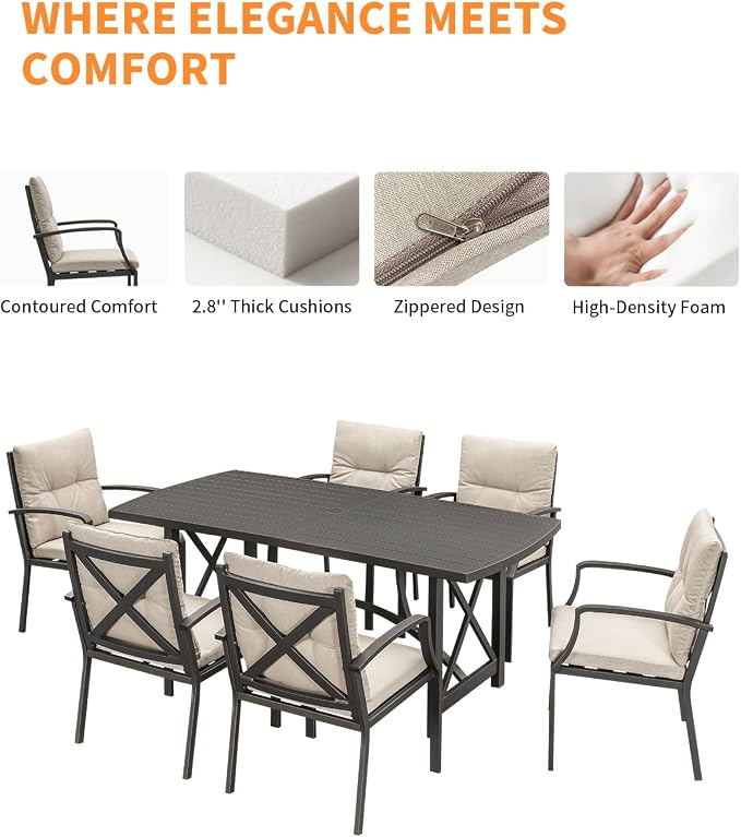 7 Pieces Outdoor Patio Dining Set, Never-Rust Aluminum Patio Table and Chairs, Outdoor Dining Set for 6 with Cushions, Patio Furniture Set for Deck, Garden, Backyard, Gunmetal