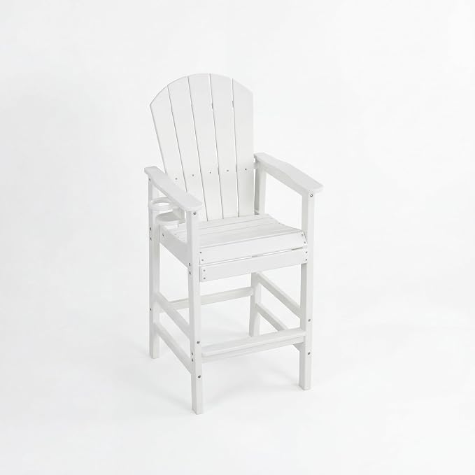 WILLIAMSPACE Patio Bar Chair Bar Stool, Outdoor All Weather HDPE Height Adirondack Chair with Armrests & Cup Holder, 1-Piece Counter Height Chair for Pool, Garden, Kitchen, ONLY Chair (White)