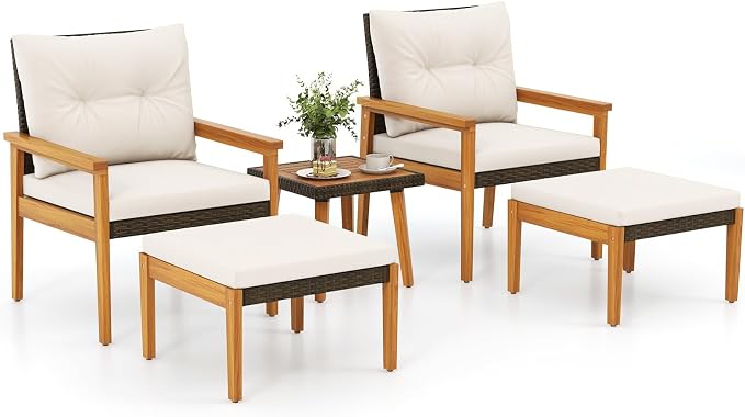 Tangkula 5 Piece Rattan Furniture Set, Wood Frame Chairs & Ottomans w/Square Coffee Table, Space Saving Cushioned Wicker Patio Conversation Set for Backyard, Poolside (Off White)