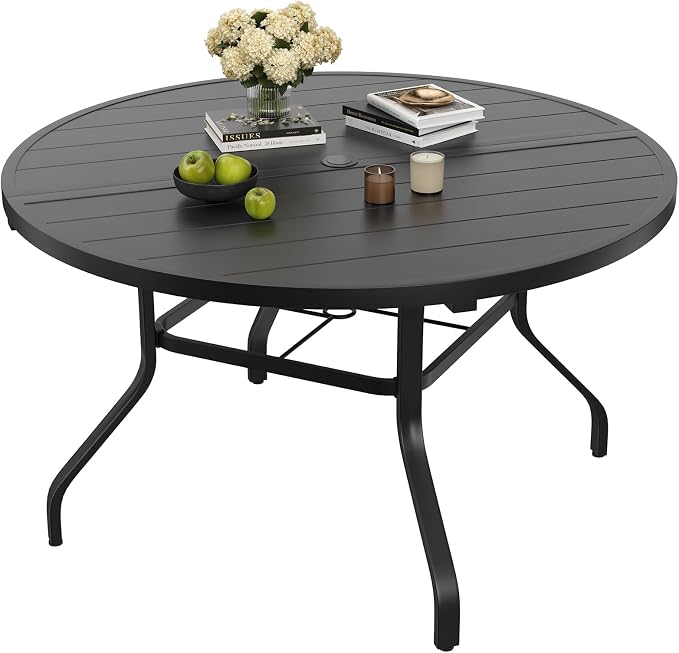 Soohow Round Outdoor Patio Dining Table, 47" Round Patio Table with 1.57" Umbrella Hole, Metal Outdoor Dining Tables for Patio, Graden, Backyard and Poolside