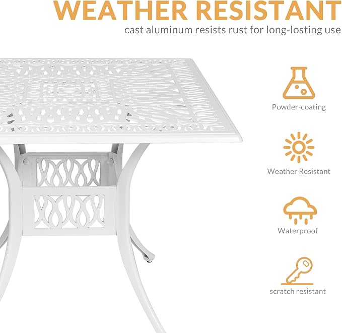 Outdoor Cast Aluminum Patio Table, 35.4” Square Bistro Table with 2.2’’ Umbrella Hole for Patio Furniture Garden Deck Backyard, White