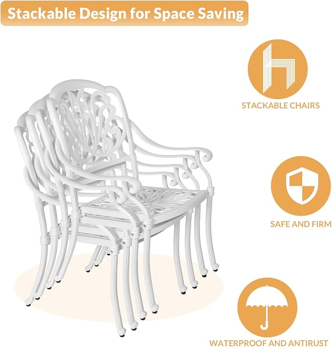 7-Piece Outdoor Patio Dining Set, 60” Rectangular Cast Aluminum Dining Table with Umbrella Hole and 4 Stationary, 2 Swivel Rocker Chairs, 6 Cushioned, Backyard, Patio, Garden, White