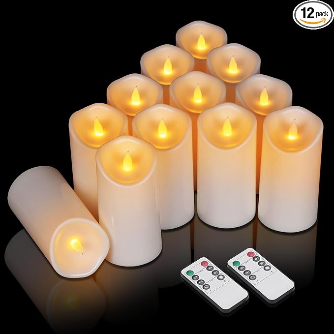 Bulk Set of 12 Outdoor Flameless Candles, Patented 3D Dual-LED Resin Pillars with 2 Remotes, Pure White Waterproof Non-Melting Battery Operated Wedding Aisle Decor, (White, D3 X H6)