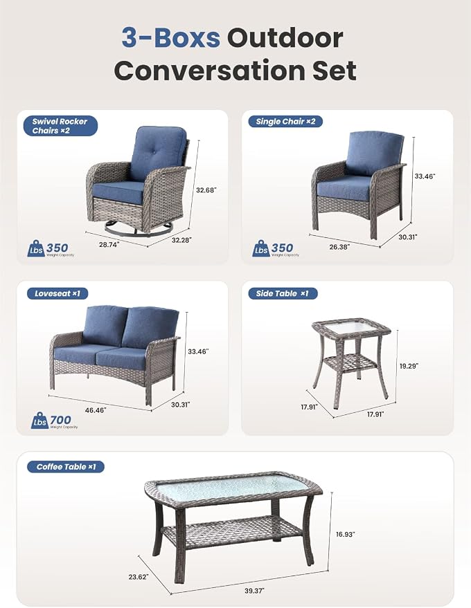 7-Piece Outdoor Patio Furniture Set with Swivel Chairs, Outdoor Conversation Wicker Sofa with Coffee Table, Rattan Couch for Deck Yard Poolside, Blue