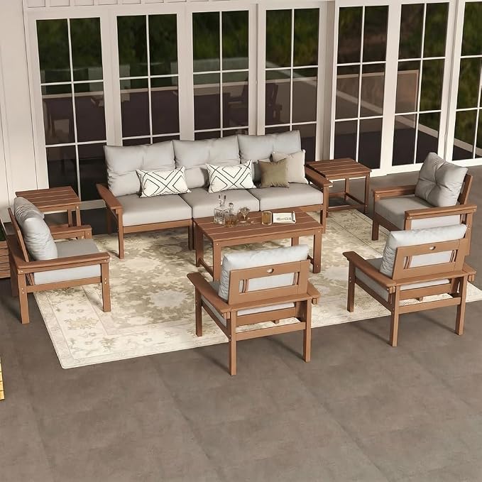 HDPE Outdoor Patio Furniture Set, 10-Piece Patio Conversation Set with 3-Seat Sofa, 4 Armchairs, 2 Side Tables & 1 Coffee Table, All-Weather Outdoor Sofa Set for Deck, Porch, Garden (Teak Frame)