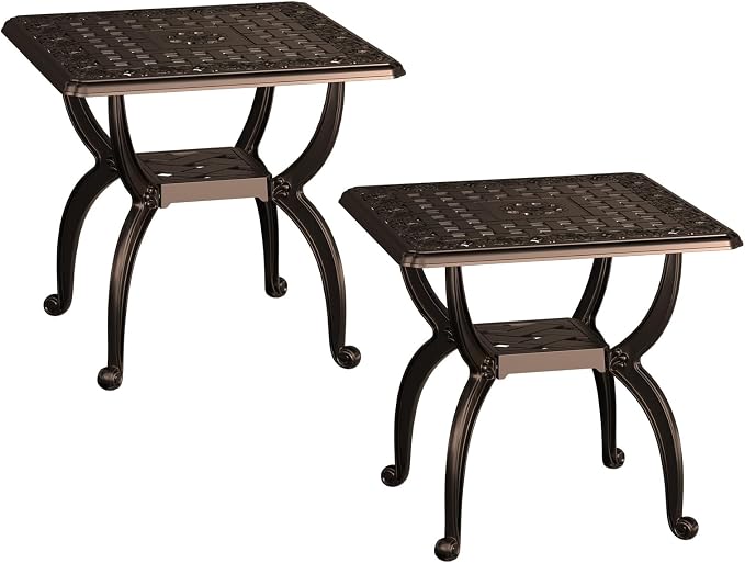 Square Outdoor Coffee Table Set of 2, Cast Aluminum Side Table with Storage,Indoor End Table, All-Weather Bistro Table for Patio Garden Lawn, Bronze