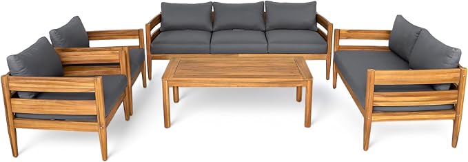 Christopher Knight Home 5-Piece Outdoor Patio Furniture Set, Acacia Wood Conversation Set with 3 Seater Sofa Loveseat Coffee Table and 2 Single Cushions Chairs, Slatted Backyard Seating Set, Dark Gray