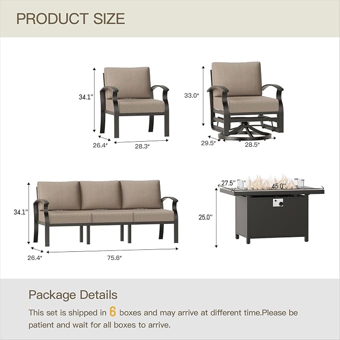 Aluminum Patio Furniture Set with 55,000 BTU Propane Fire Pit Table, 10 Seats Metal Modern Outdoor Furniture w/5.1" Cushions, Sectional w/Swivel Chairs for Backyard, Sand