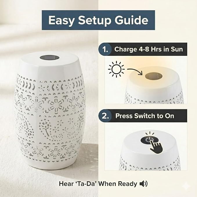 12" Outdoor Solar Side Table, Metal Cutout Drum Side Table, Coffee End Tables, Patio Garden Stool for Small Spaces, Living Room, Backyard, Poolside (1, White + Solar)