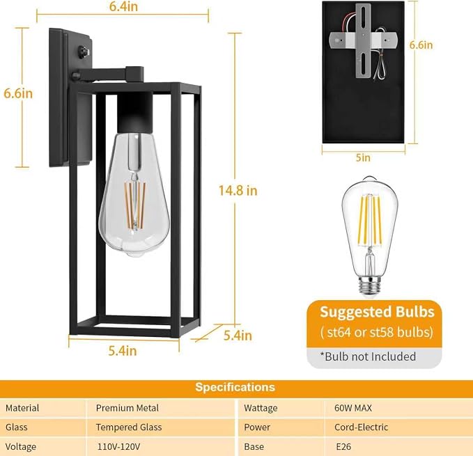 15'' Black Dusk to Dawn Outdoor Front Porch Lights for Outside, Large Exterior Lighting Fixtures Wall Mount for House, Wall Sconce Lamp, Waterproof Lantern Coach Lights for Garage, Entryway,Yard