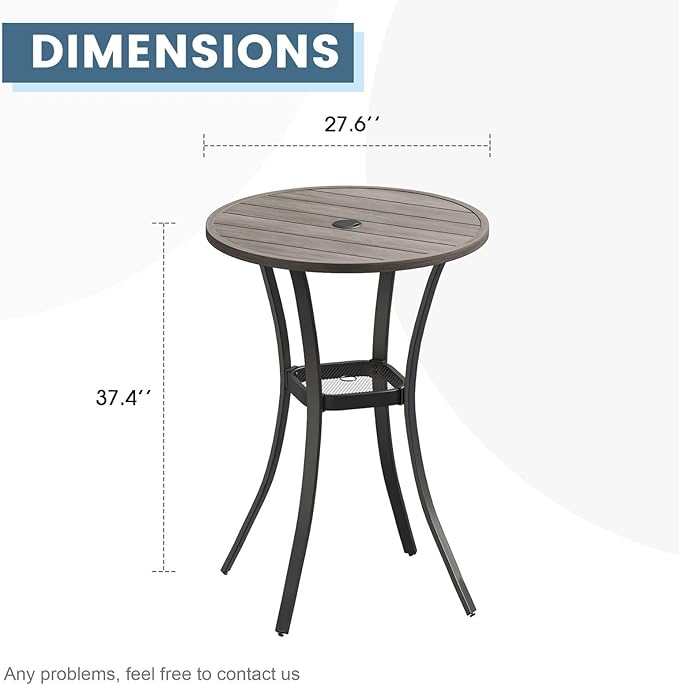 DIFY Patio Bar Height Table, Grey Wood-Like 28" Round Outdoor Pub Table with 1.57" Umbrella Hole for Bistro, Garden, Poolside and Balcony