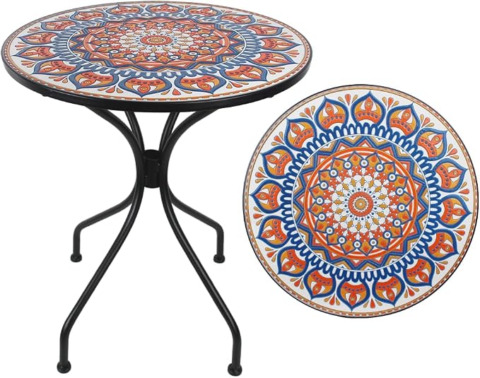24 Inch Mosaic Patio Round Side Table with Central Column Curved Legs Indoor and Outdoor Accent End Table for Yard, Garden, Living Room, Bistro, Blue Orange Mandala