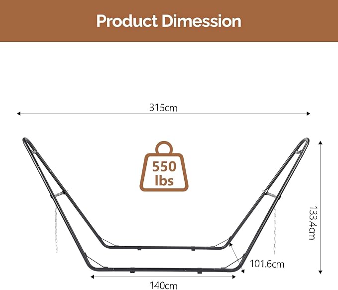 Double-Barrel Hammock Stand Heavy Duty Steel Frame, Black | 3 Adjustable Hanging Methods, Anti-Rust Coating, Anti-Slip Foot Pads, 315 x 104 x 128 cm,