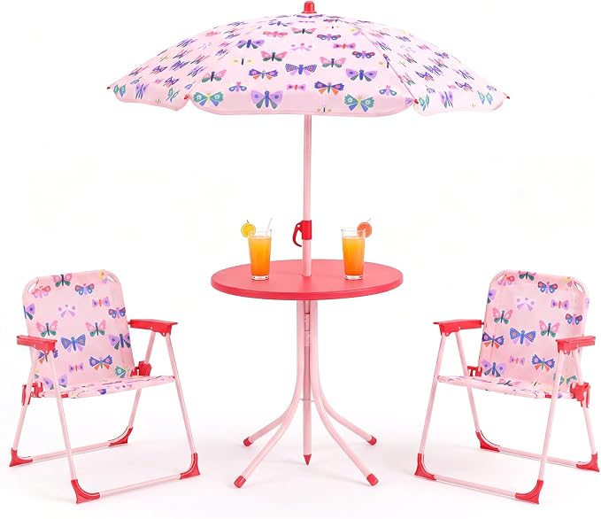 KOTEK Kids Picnic Table with Umbrella, Outdoor Table & 2 Folding Chairs, Cute Pattern Children’s Patio Furniture, Portable Kids Table and Chair Set for Backyard, Garden, Beach (Pink Butterfly)