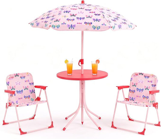 KOTEK Kids Picnic Table with Umbrella, Outdoor Table & 2 Folding Chairs, Cute Pattern Children’s Patio Furniture, Portable Kids Table and Chair Set for Backyard, Garden, Beach (Pink Butterfly)