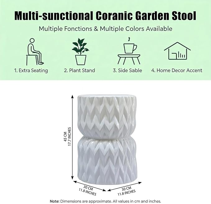 Decorative Ceramic Garden Stool, Hand-Crafted Outdoor Side Table, Shoe Changing Drum Stool for Patio, Living Room Accent Furniture(White 7)