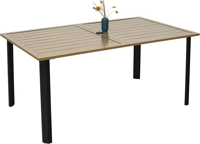 Anmutig Outdoor Patio Table for 6 Person, Patio Dining Rectangle Table with 1.57" Umbrella Hole for Garden Lawn Backyard Parties, Black Metal Frame 63" L x 38" W x 29" H Brown