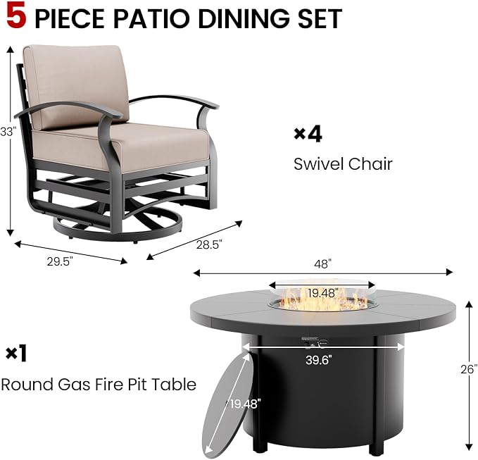 5 Piece Aluminum Outdoor Patio Furniture Set with 48" Round Propane Fire Pit, Outdoor Dining Table Set with 4 Aluminum Swivel Chairs, Outdoor Furniture Set with Fire Pit for Porch, Balcony, Sand