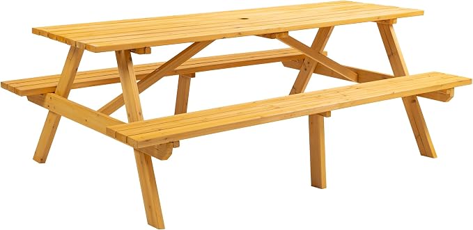 8 Person Wood Picnic Table, Rectangular Outdoor Wooden Picnic Table with 2 Built-in Benches, Umbrella Hole, Outside Table and Bench Set for Garden, Backyard, Porch, Patio, 2220lb Capacity - Yellow