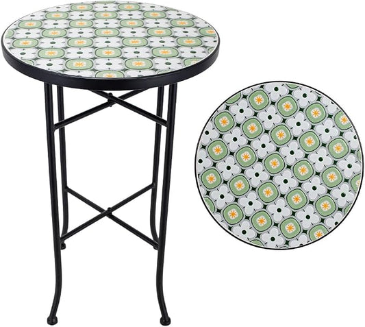 14 Inch Mosaic Patio Side Table with X-Straight Legs, Indoor Outdoor Accent Round End Table with Ceramic Tile Tops for Yard, Garden, Living Room, Bistro, A - Granny Square