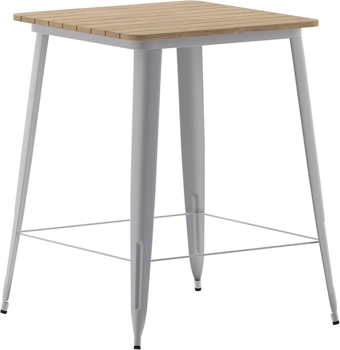BizChair Commercial Outdoor Dining Table Bar Height, All Weather Poly Resin Top with Steel Base, 31.5" Square, Brown/Silver