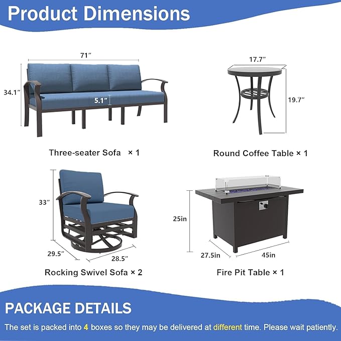 Kullavik Aluminum Patio Furniture Set,5 Piece Modern Metal Outdoor Patio Furniture w/5.1'' Thick Cushion,Swivel Chairs and 45" Propane Fire Pit Table,Patio Conversation Sets for Porch,Deck,NavyBlue