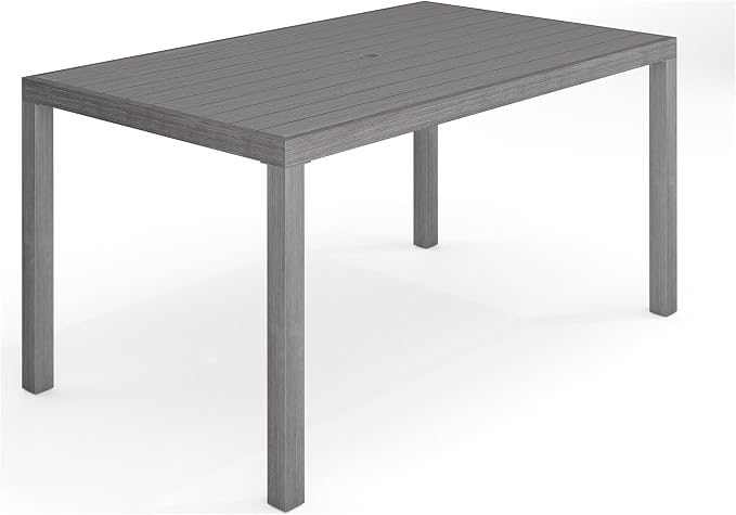Martha Stewart Bedford 62" Indoor-Outdoor Aluminum Patio Table with Umbrella Hole and Brushed Woodgrain Finish in Gray