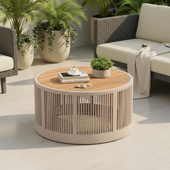 Outdoor Rattan Coffee Table with Solid Acacia Wood Tabletop, Patio Round Coffee Table Side Table (Beige)