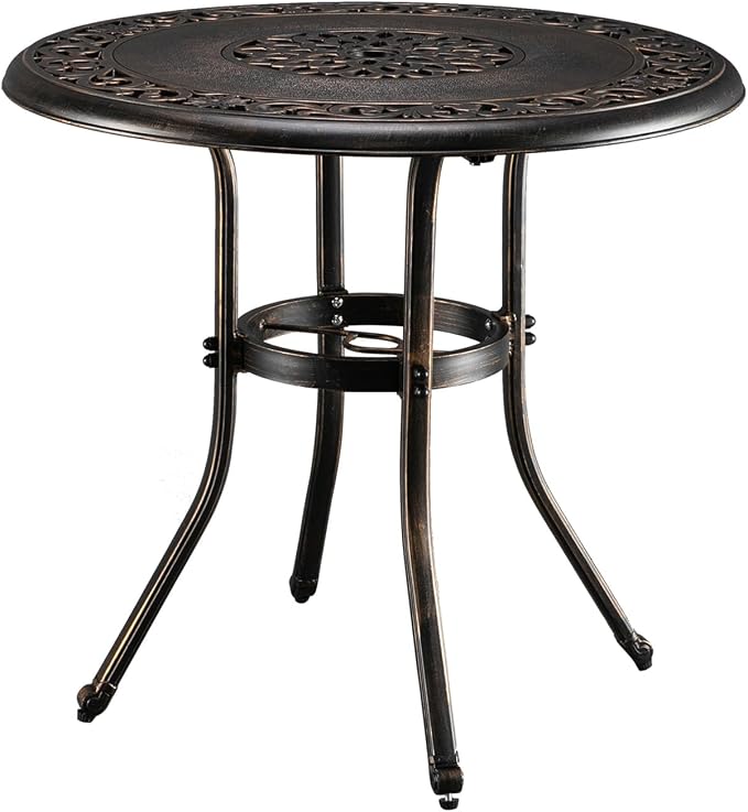 VINGLI 32 Inch Outdoor Patio Table with Umbrella Hole, Cast Aluminum Round Patio Dining Table Bistro Table for Backyard, Garden, Patio, Porch (Bronze)
