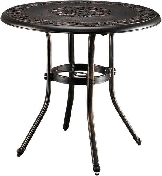 VINGLI 32 Inch Outdoor Patio Table with Umbrella Hole, Cast Aluminum Round Patio Dining Table Bistro Table for Backyard, Garden, Patio, Porch (Bronze)