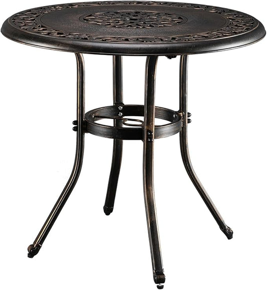 VINGLI 32" Outdoor Dining Table, Round Patio DiningTable with Umbrella Hole, Cast Aluminum Outdoor Bistro Table Patio Furniture Garden Table (Bronze, 32" Dia x 29 H) (Bronze)