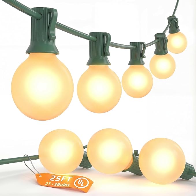 SUNSGNE G40 Round Christmas Lights Outdoor, 25ft Vintage Christmas Globe Lights with 27 5W Frosted White Lights(2 Spare) for Outdoor Garden Party Wedding Backyard Patio Decor, Green Wire
