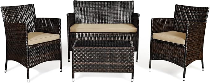 COSTWAY 4PCS Rattan Patio Furniture Set | Outdoor Wicker Rattan Chairs with Coffee Table, Rattan Cushioned Conversation Set for Backyard Balcony Porch Poolside, Brown