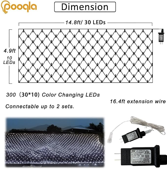 Pooqla Cool White Net Lights, 15x 5ft Christmas Lights Outdoor Clear Wire | 300 LED Large Net Mesh Lights Plug in, 8 Modes Waterproof Connectable Bushes Lights for Christmas Hedge Yard Decor