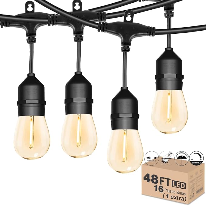 Outdoor String Light 48FT LED Heavy-Duty Patio Lights String Linkable with Shatterproof 15 LED Bulbs for Outside Cafe Porch Market String Lights
