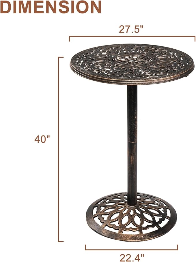 Outdoor Bistro Pub Table, Round Patio Bar Height Cocktail Table,Outdoor Bar Cast Aluminum, High Top Furniture Garden,for Dining Home,Bronze