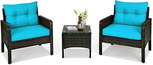 HAPPYGRILL 3 Piece Patio Furniture Set Outdoor Rattan Wicker Coffee Table & Chairs Set with Seat Cushions Patio Conversation Set for Garden Balcony Backyard Poolside