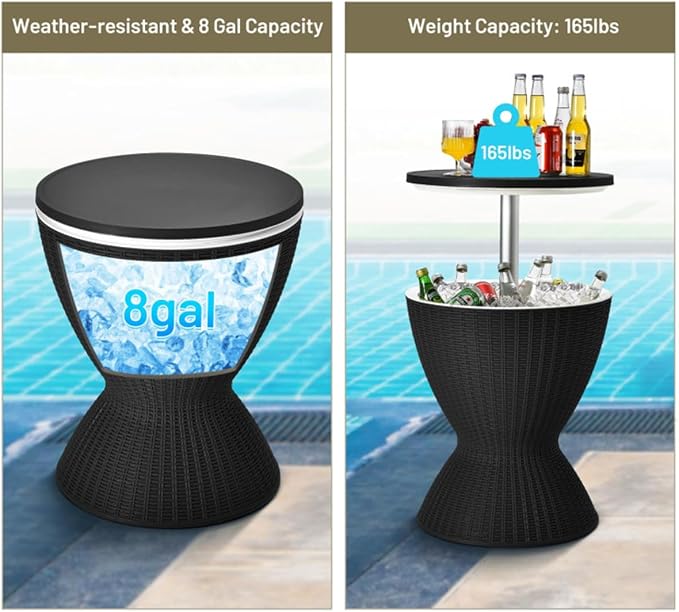 Black Side Table Outdoor Ice Cooler Side Table, 8 Gallon 2-Height Adjustable Portable Beverage Cooler, All-Weather Patio and Beach Party Drink Table, Patio Furniture Cooler Tables for Backyard Parties