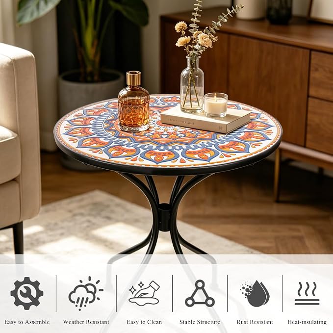 24 Inch Mosaic Patio Round Side Table with Central Column Curved Legs Indoor and Outdoor Accent End Table for Yard, Garden, Living Room, Bistro, Blue Orange Mandala