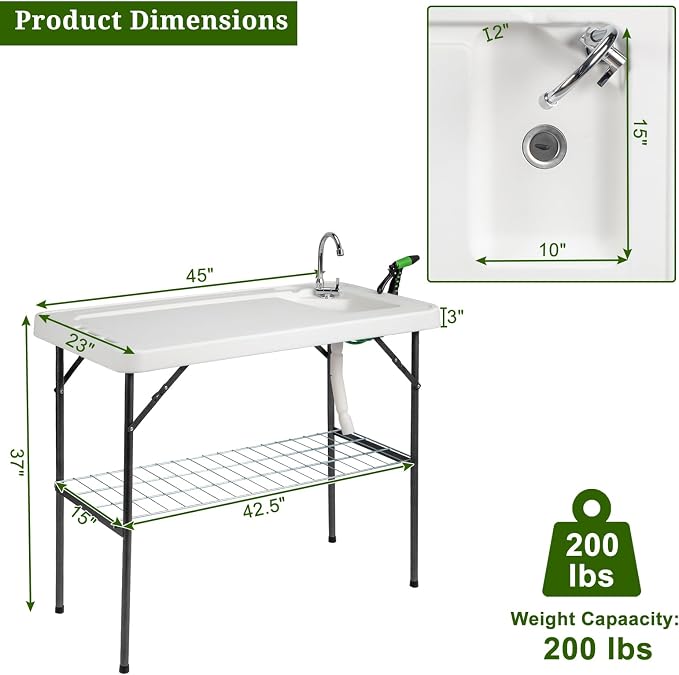 VINGLI Upgarded Folding Fish Cleaning Table with Sink, Portable Camping Sink Table with Grid Rack & Sprayer, Fish Fillet Cutting Table with Drainage Hose for Patio Backyard BBQ…